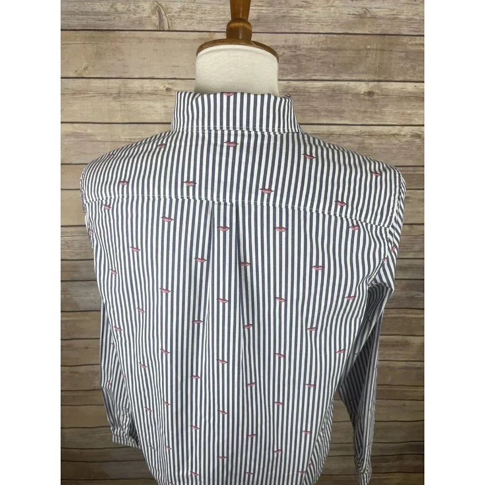 Banana Republic Small Quinn Boy Fit Button Up Striped Lip Print Blouse Blue Pink - Picture 7 of 11